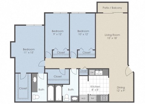 Floor plan for 3 beds, 2 baths, 1160 sqft